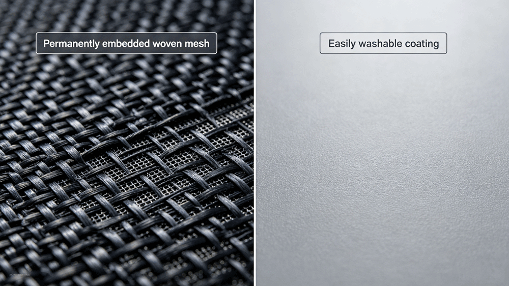 Close-up: permanent carbon grid weave vs topical anti-static coating Close-up: permanent carbon grid weave vs topical anti-static coating